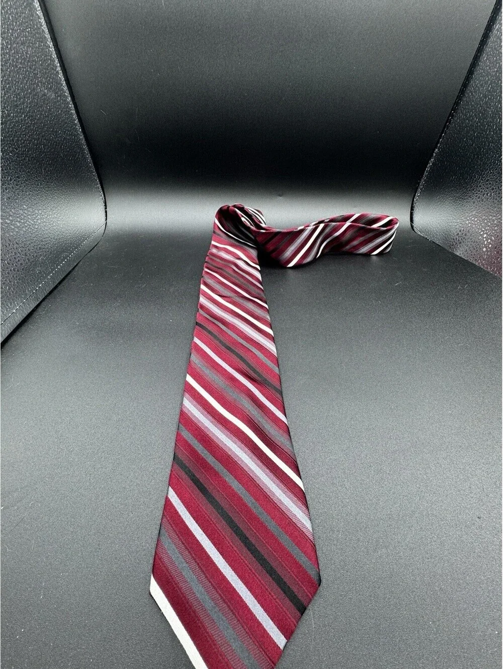 Claiborne Silk Tie Burgundy Black Gray Striped 59”x3.25” Preppy School Wedding